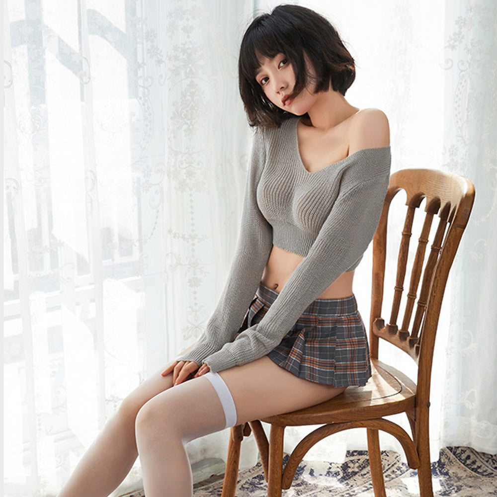 Ribbed Knit Crop Top & Plaid Mini Skirt - Daring Schoolgirl Set