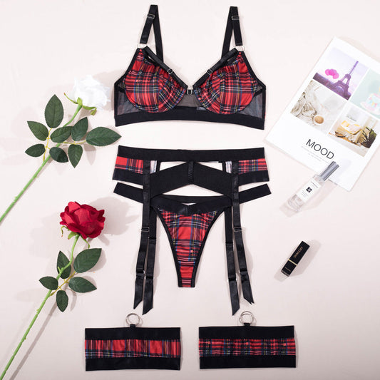 Valentine's Day Lingerie Set: Plaid High Waisted Strappy Bra with Garter Belt