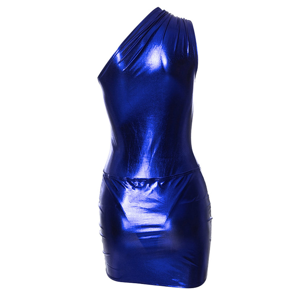 Metallic Skirt Set: One-Shoulder Bodysuit and Twist Mini Skirt