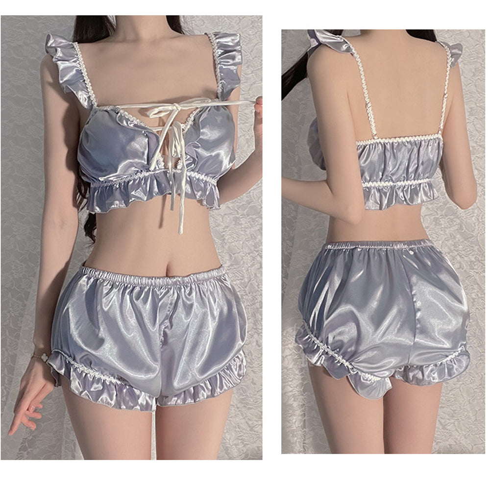 Satin Pajama Set with Lace-Up Crop Top and Shorts