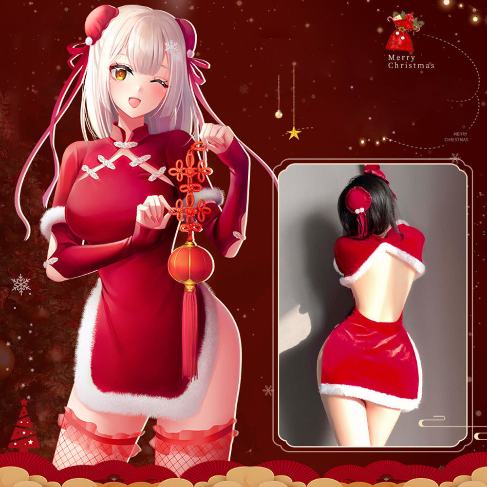 Red Velvet Split Cheongsam Lingerie