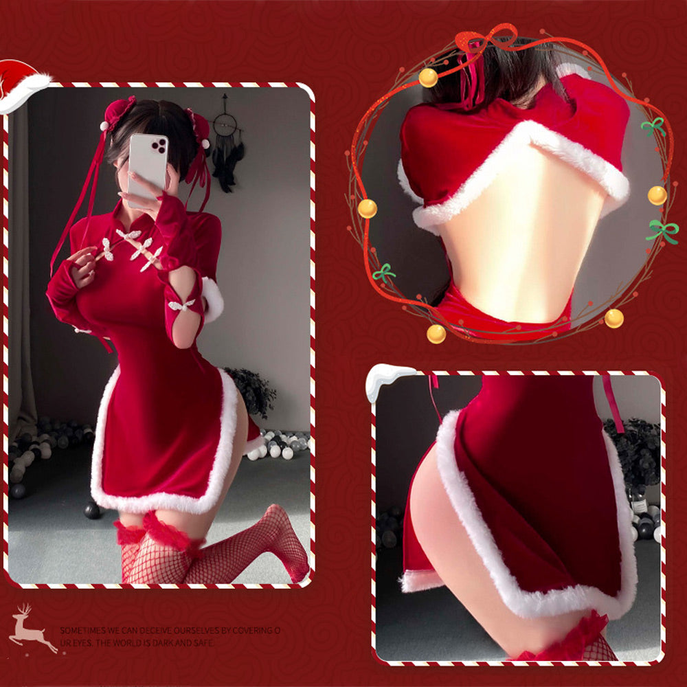 Red Velvet Split Cheongsam Lingerie