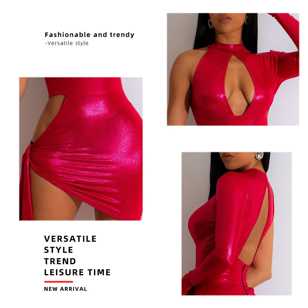 Irresistible Metallic Mini Dress Asymmetrical Cut Out Backless Bodycon Dress Party Nightclub Outfits