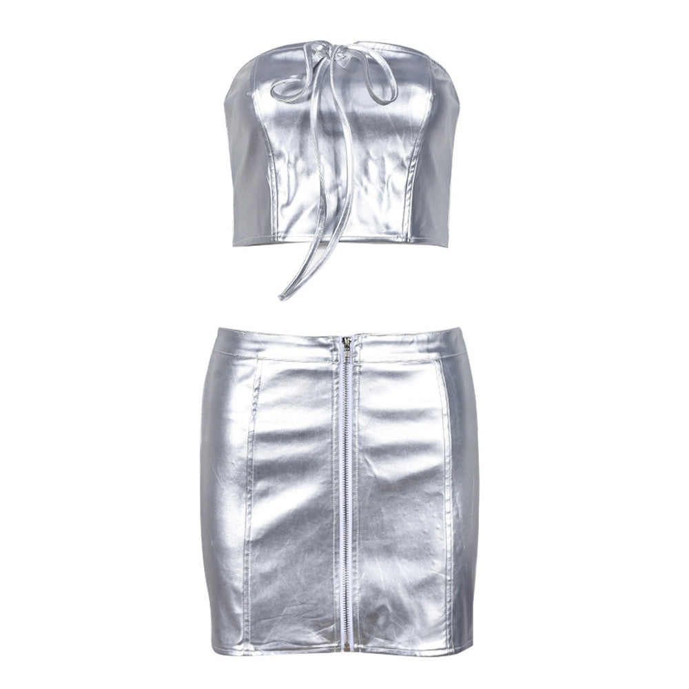 Shiny Rave Outfit with Strapless Bustier and Mini Skirt