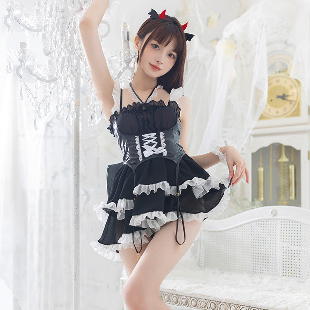 Sleeveless Lolita Dress with Latex Wing Corset - Succubus Cosplay