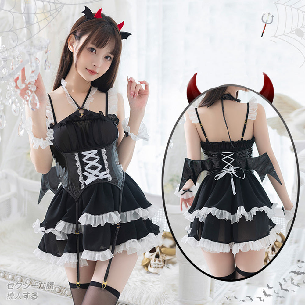 Sleeveless Lolita Dress with Latex Wing Corset - Succubus Cosplay