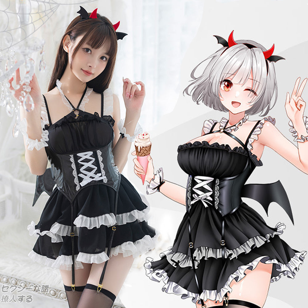 Sleeveless Lolita Dress with Latex Wing Corset - Succubus Cosplay
