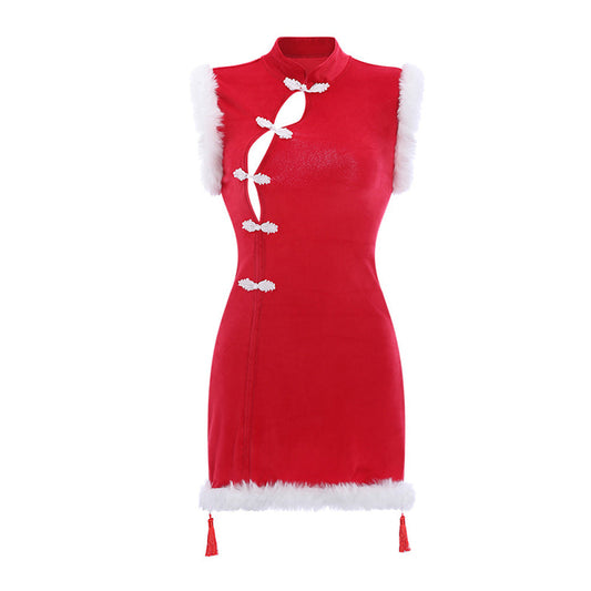 Chinese Cheongsam Lingerie: Vintage Red Backless Dress