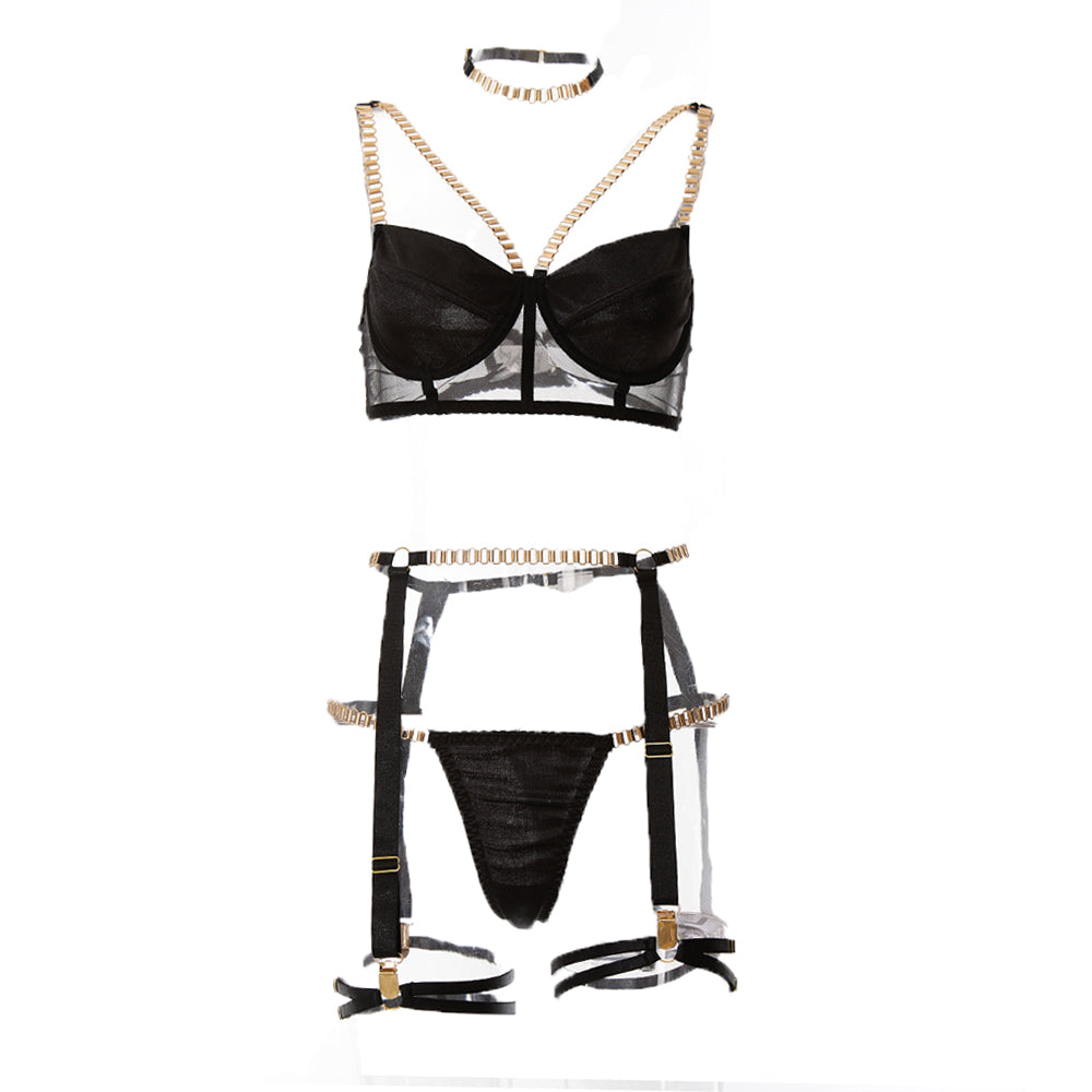 3-Piece Satin Lingerie Set with Garter Belts