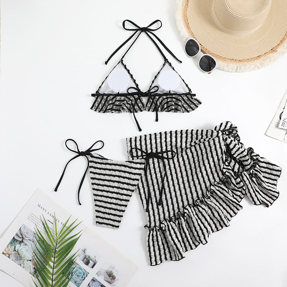 Striped Women's Bikini Set with Cover-Up