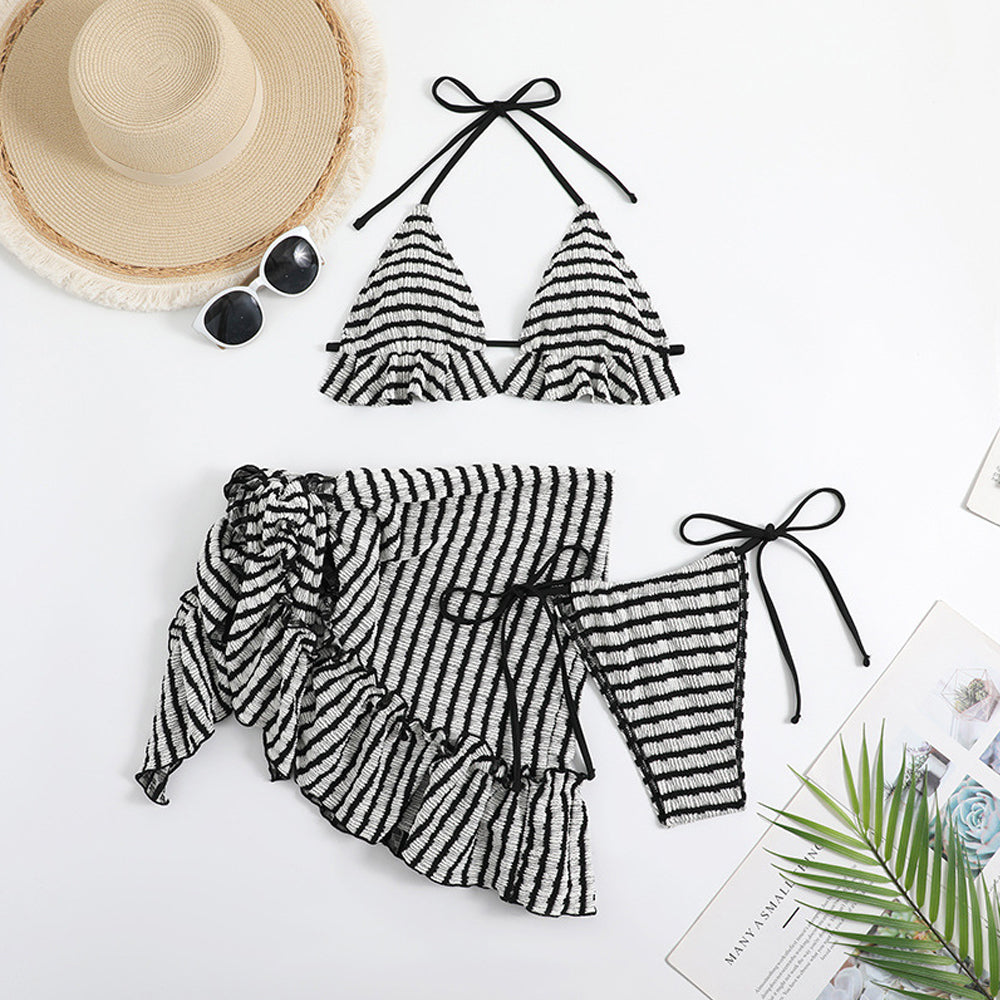 Striped Women's Bikini Set with Cover-Up