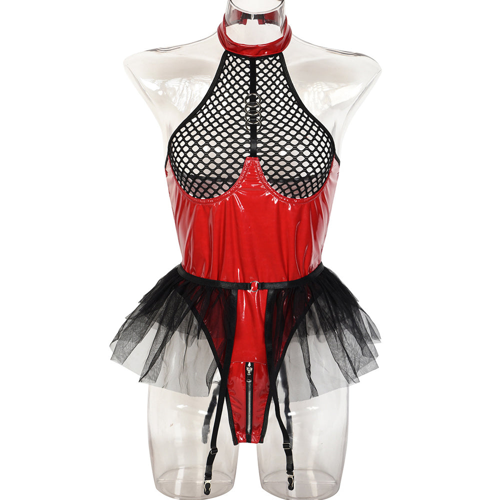 Latex Fishnet Teddy Lingerie Suit