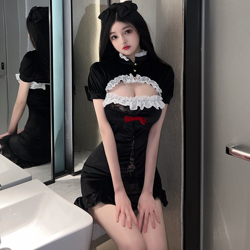 Black Cheongsam Dress with Crop Top