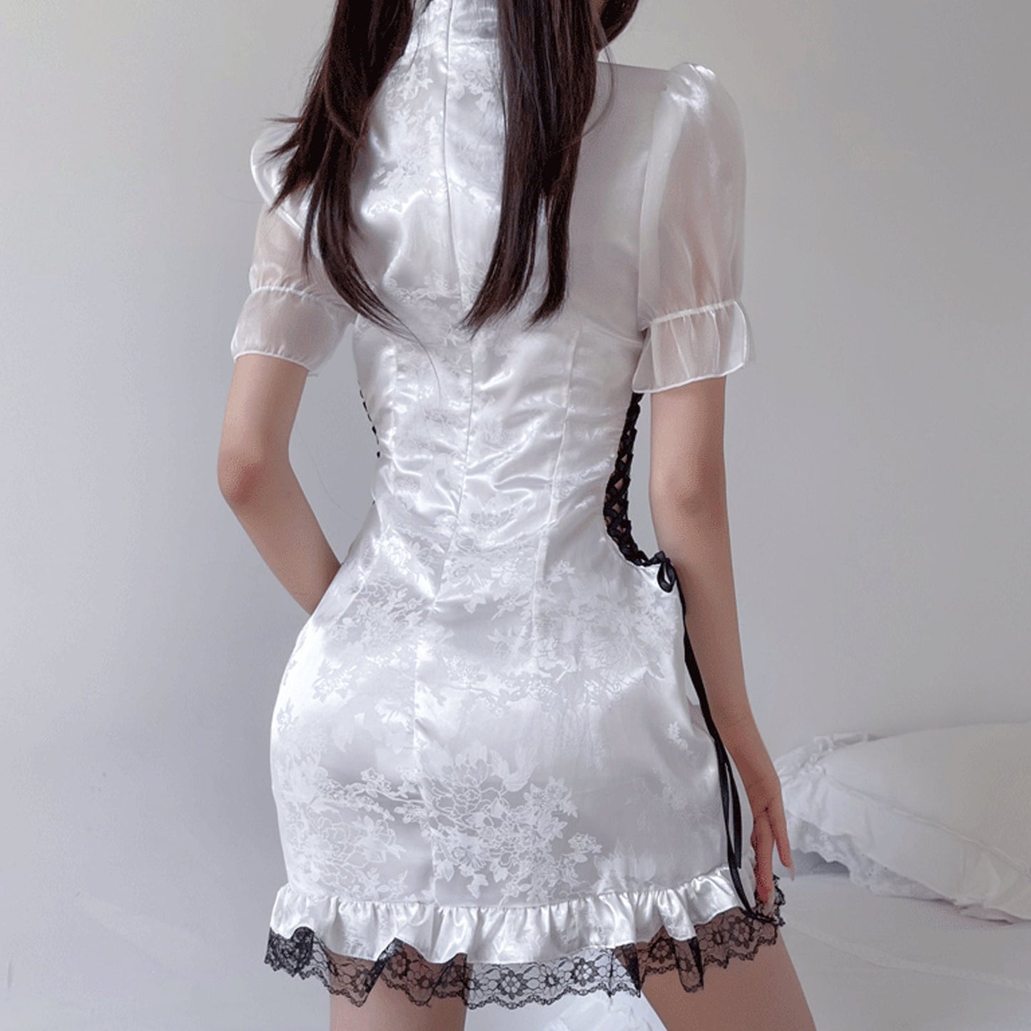 Chinese Cheongsam Babydoll Dress with Side Lace-Up in White