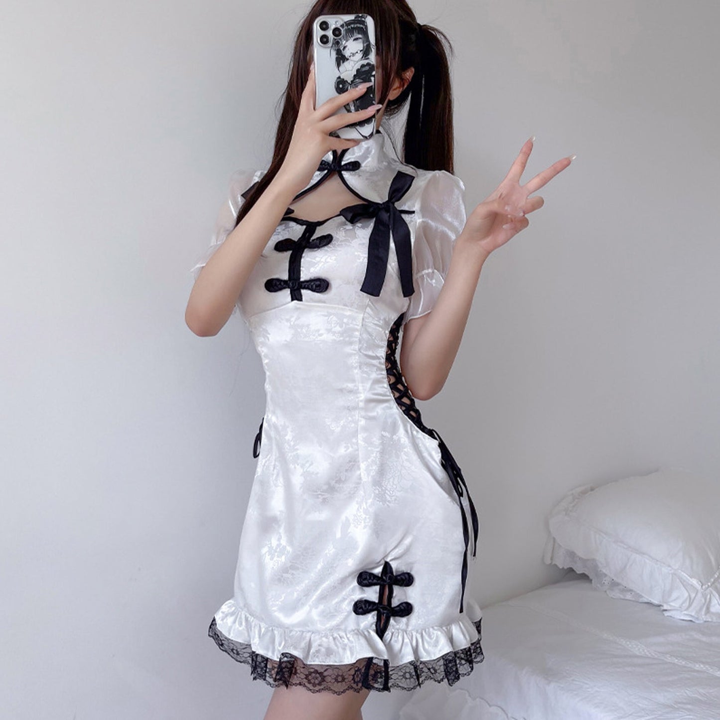 Chinese Cheongsam Babydoll Dress with Side Lace-Up in White