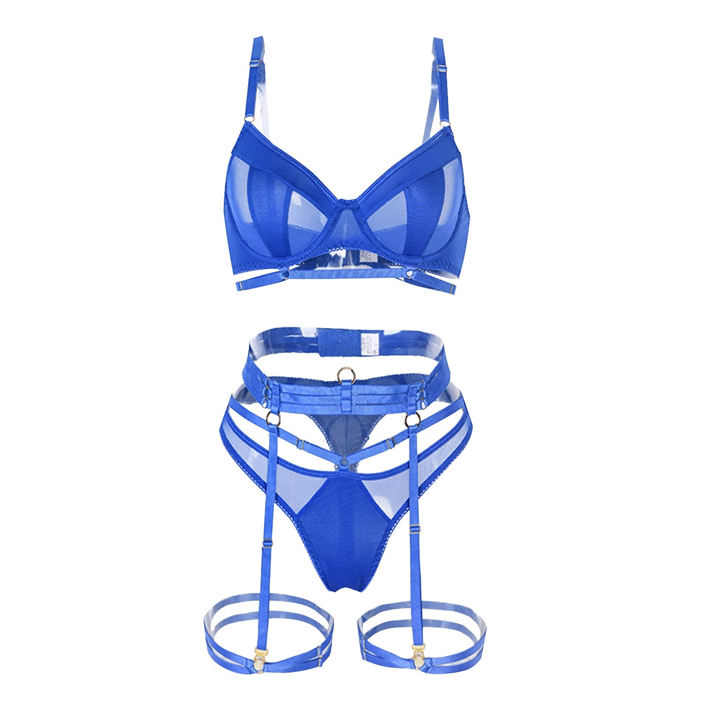 Amorino Gothic Lingerie Set: 3-Piece Strappy Bra and Panty with Mesh Underwire