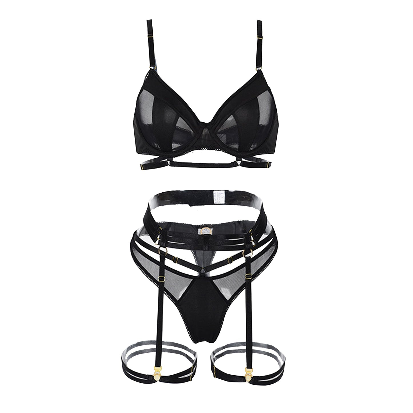 Amorino Gothic Lingerie Set: 3-Piece Strappy Bra and Panty with Mesh Underwire