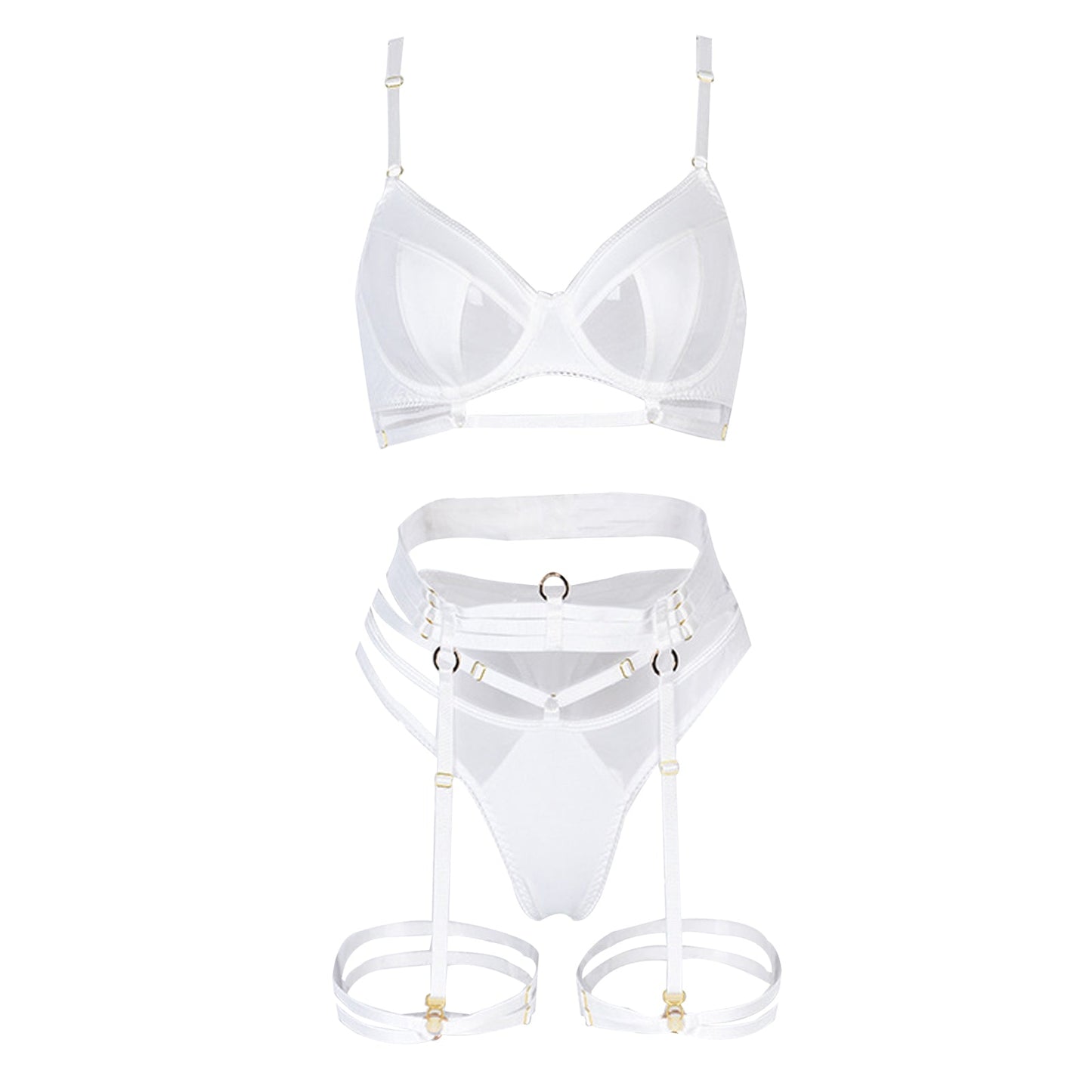 Amorino Gothic Lingerie Set: 3-Piece Strappy Bra and Panty with Mesh Underwire