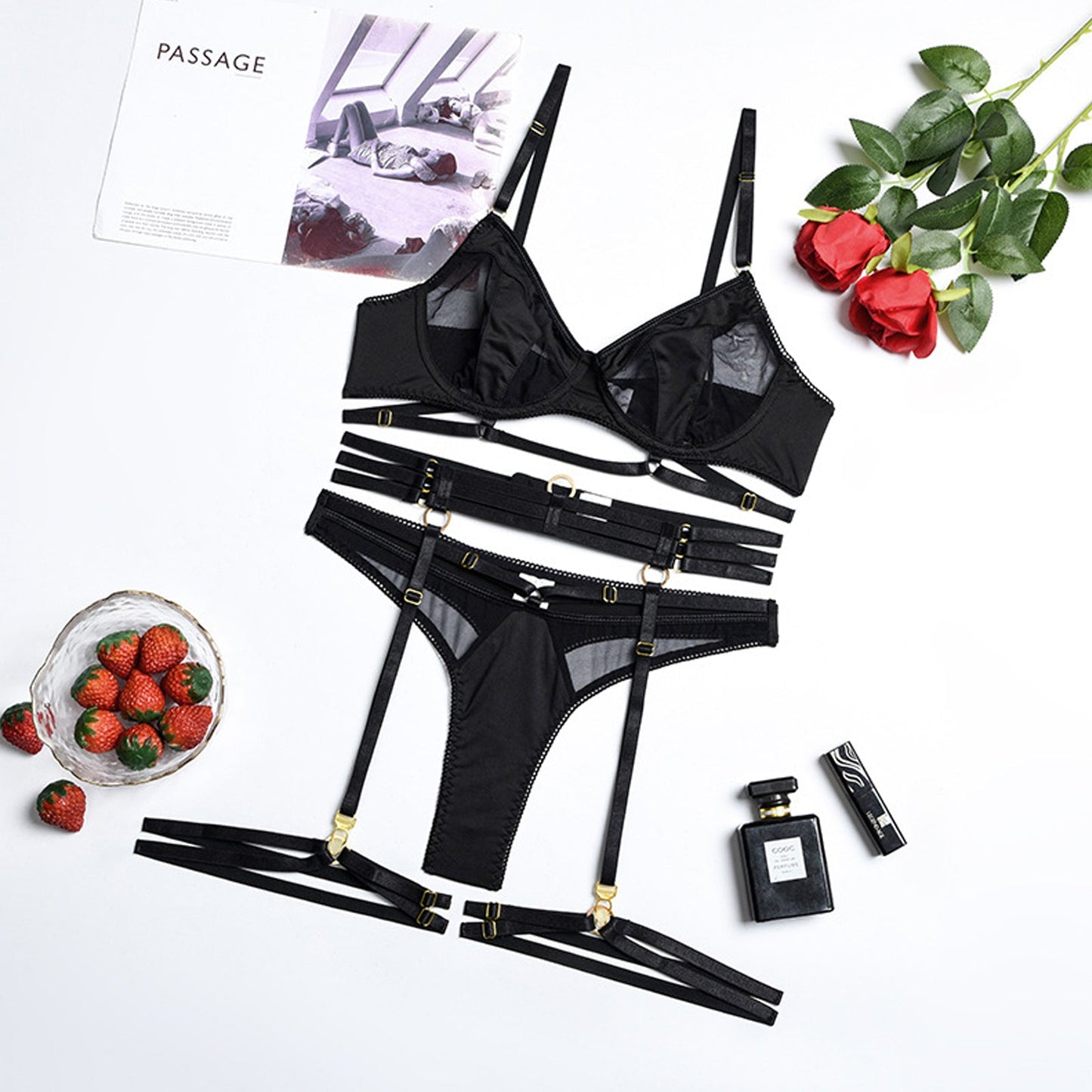 Amorino Gothic Lingerie Set: 3-Piece Strappy Bra and Panty with Mesh Underwire