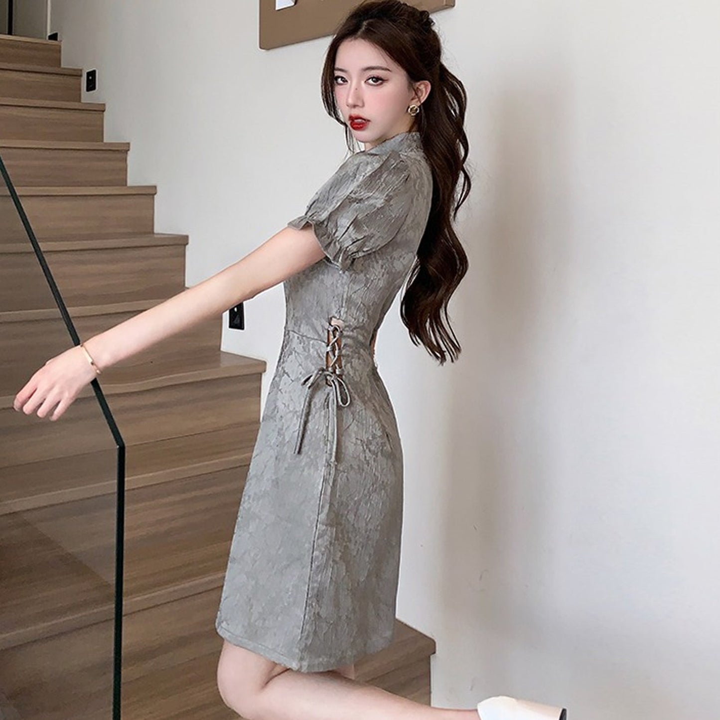 Grey Cheongsam Dress with Cutouts