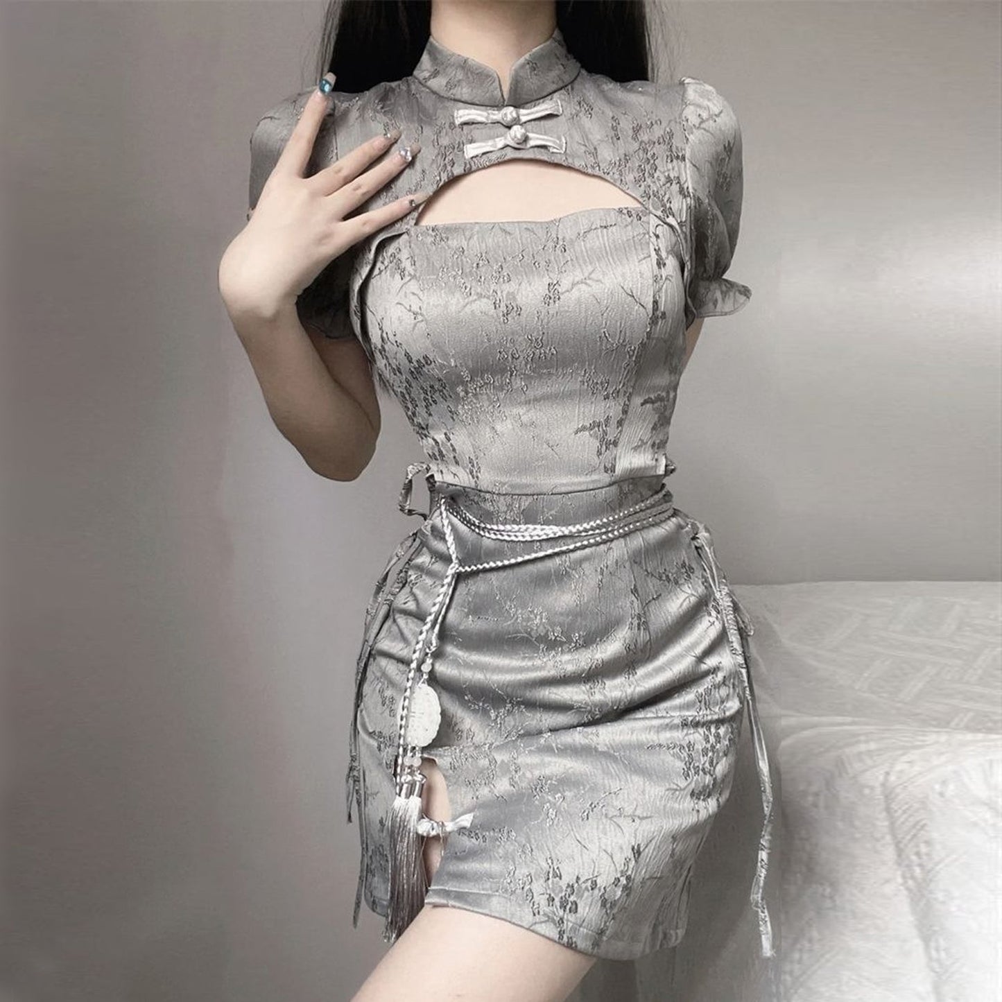 Grey Cheongsam Dress with Cutouts