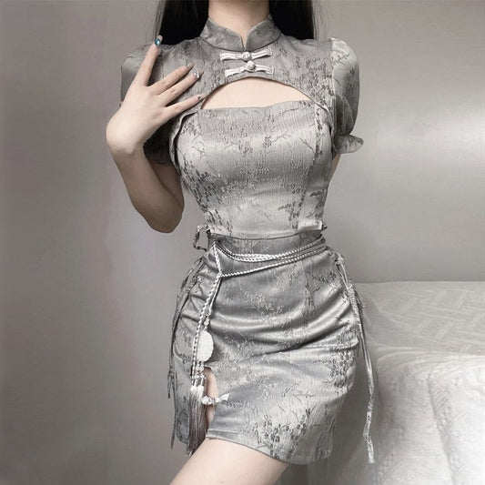 Grey Cheongsam Dress with Cutouts