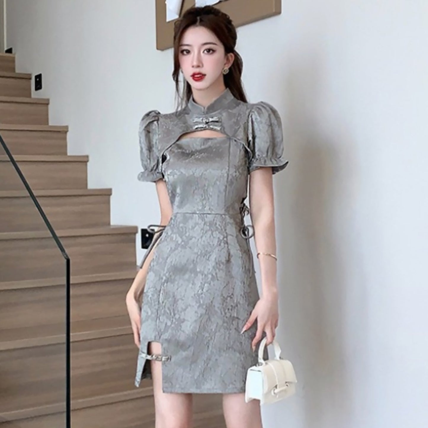Grey Cheongsam Dress with Cutouts