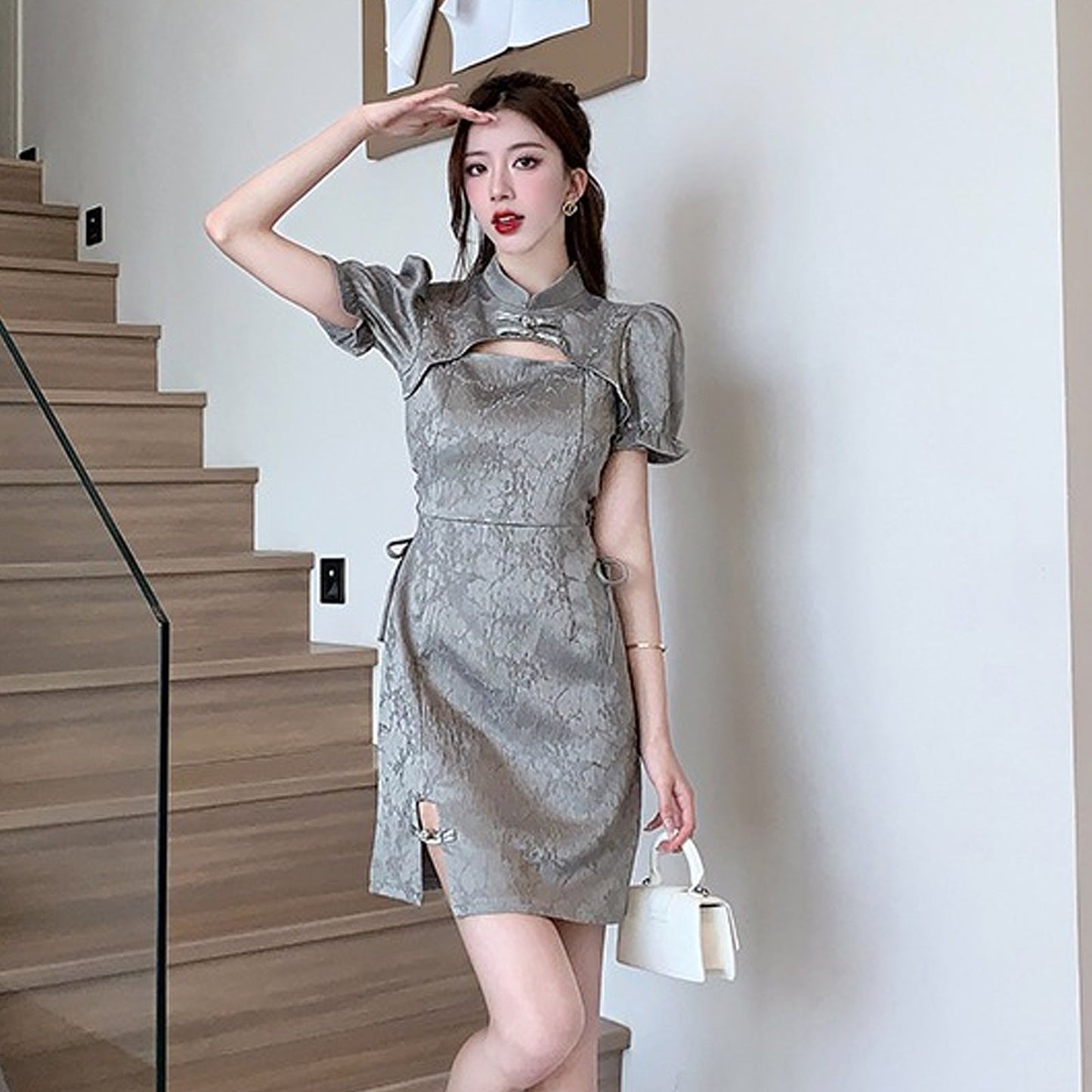 Grey Cheongsam Dress with Cutouts