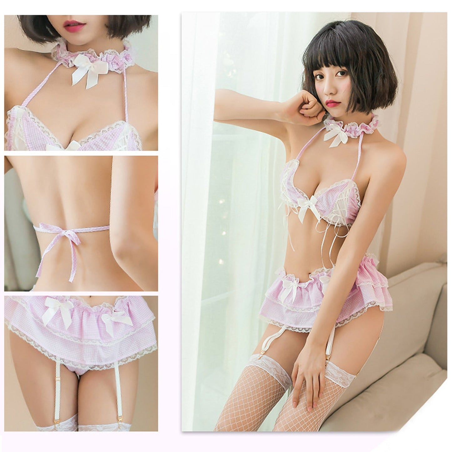 Kawaii Lace Ruffle Plaid Garter Set