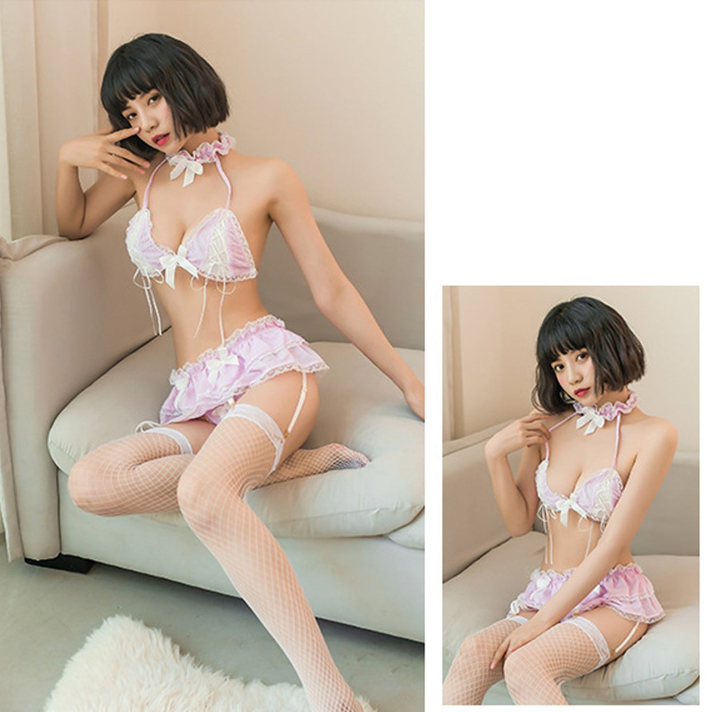 Kawaii Lace Ruffle Plaid Garter Set