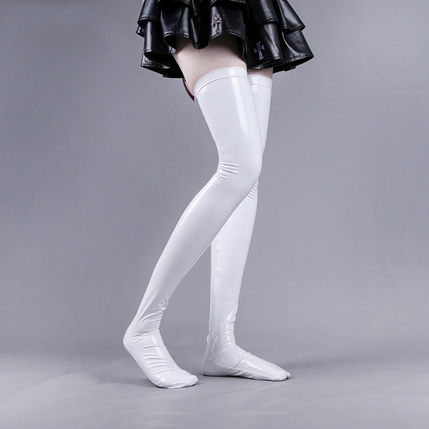 Amorino Color Block Faux Leather Thigh Highs
