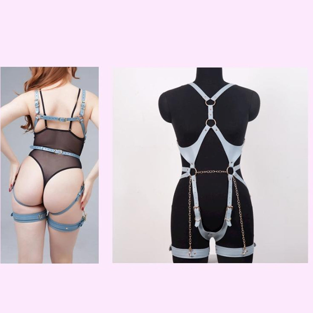 Leather Body Harness Lingerie with Garters