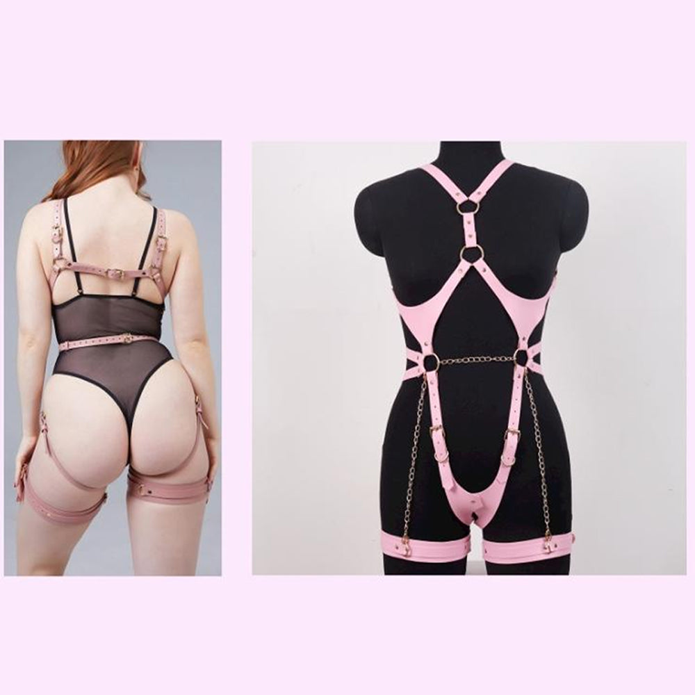 Leather Body Harness Lingerie with Garters