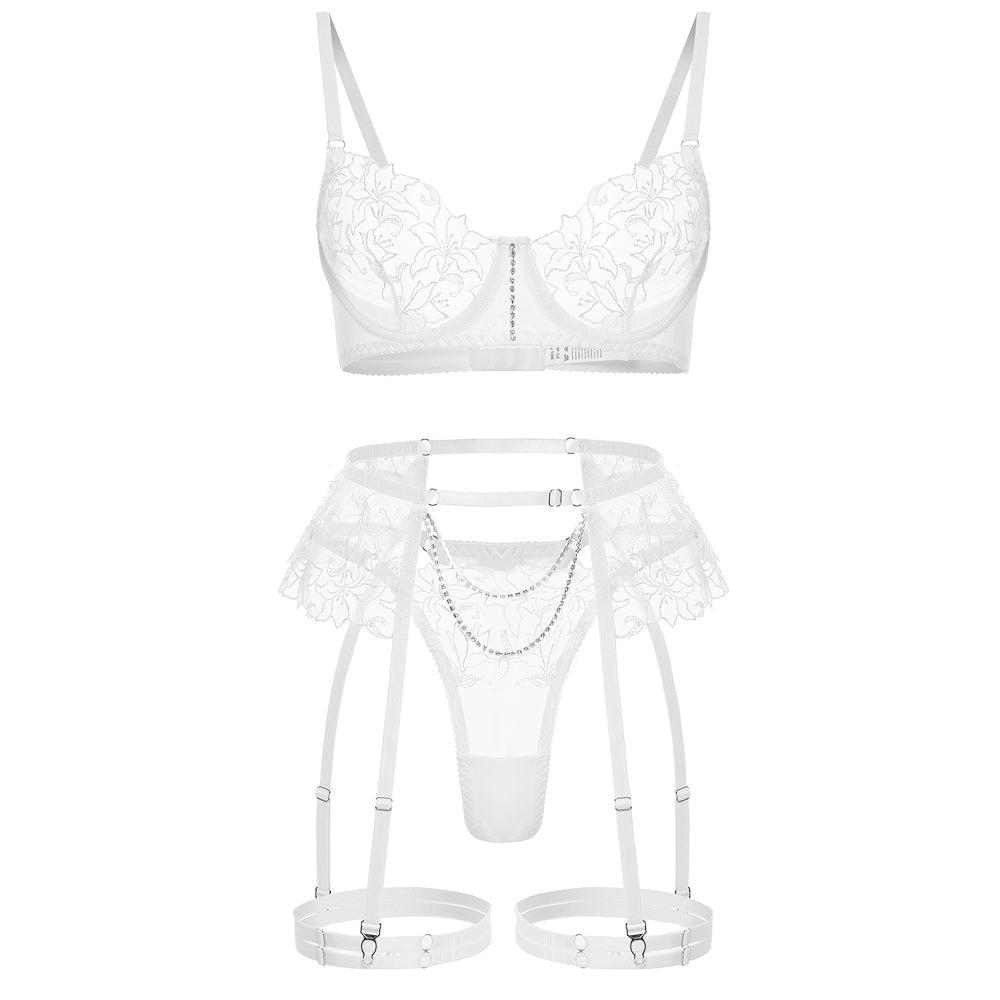 Floral Embroidery Garter Bra Set: Amorino
