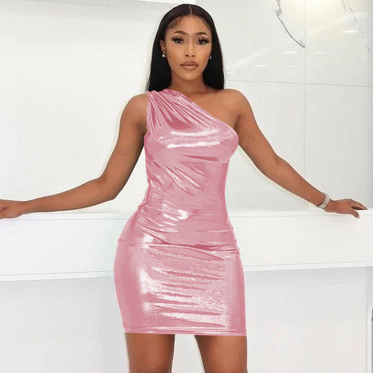 Amorino Metallic Mini Dress: Sleek One Shoulder Cocktail Dress.