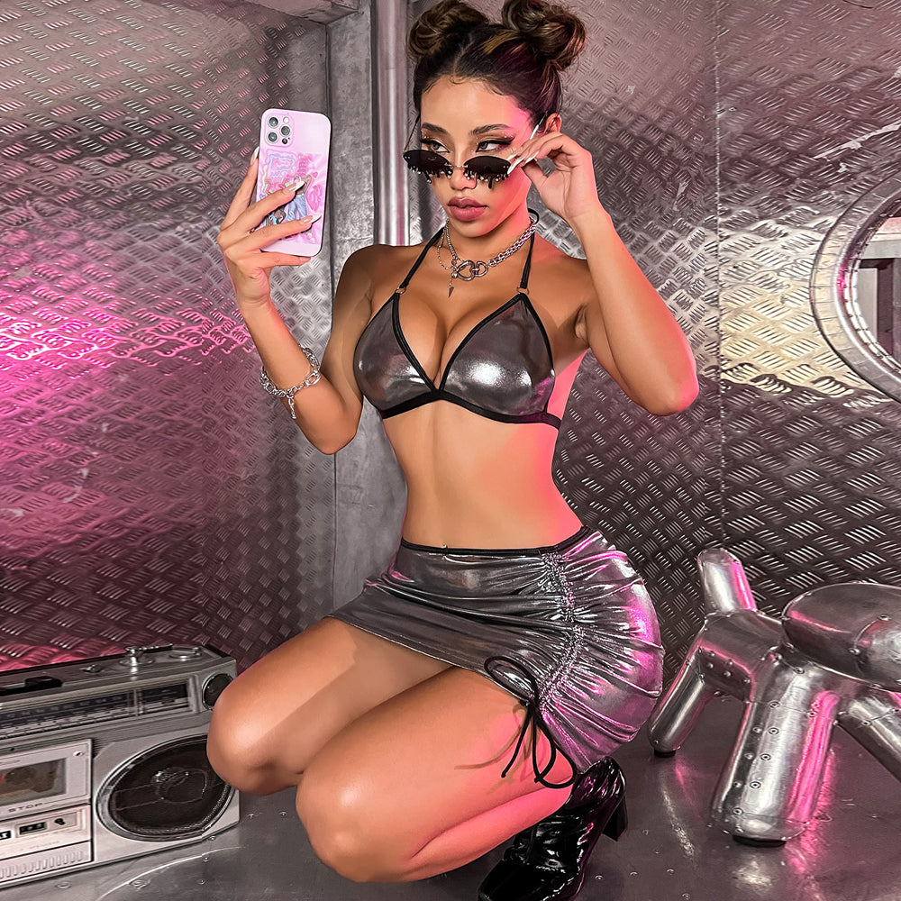 Metallic Skirt Set with Halter