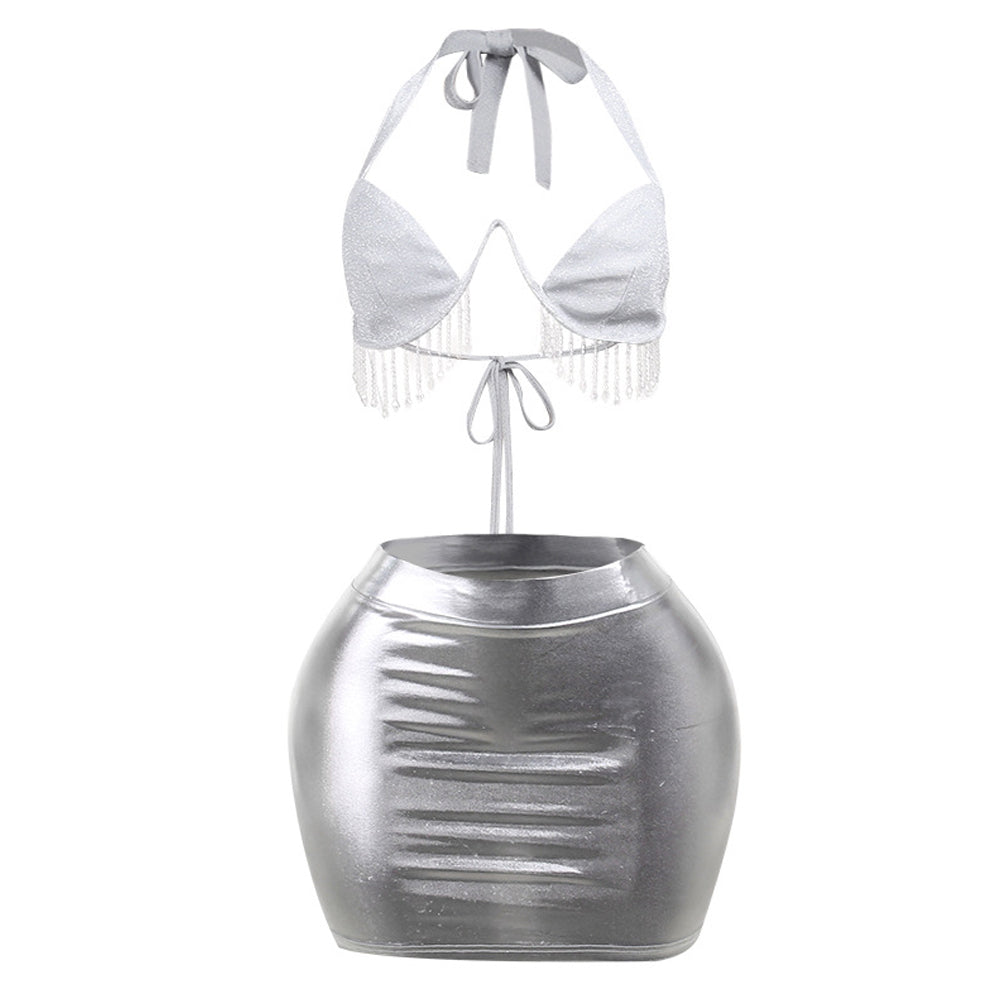 Amorino Metallic Skirt Set: Glamorous Tassel Ensemble