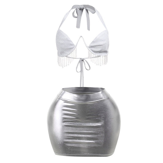 Amorino Metallic Skirt Set: Glamorous Tassel Ensemble