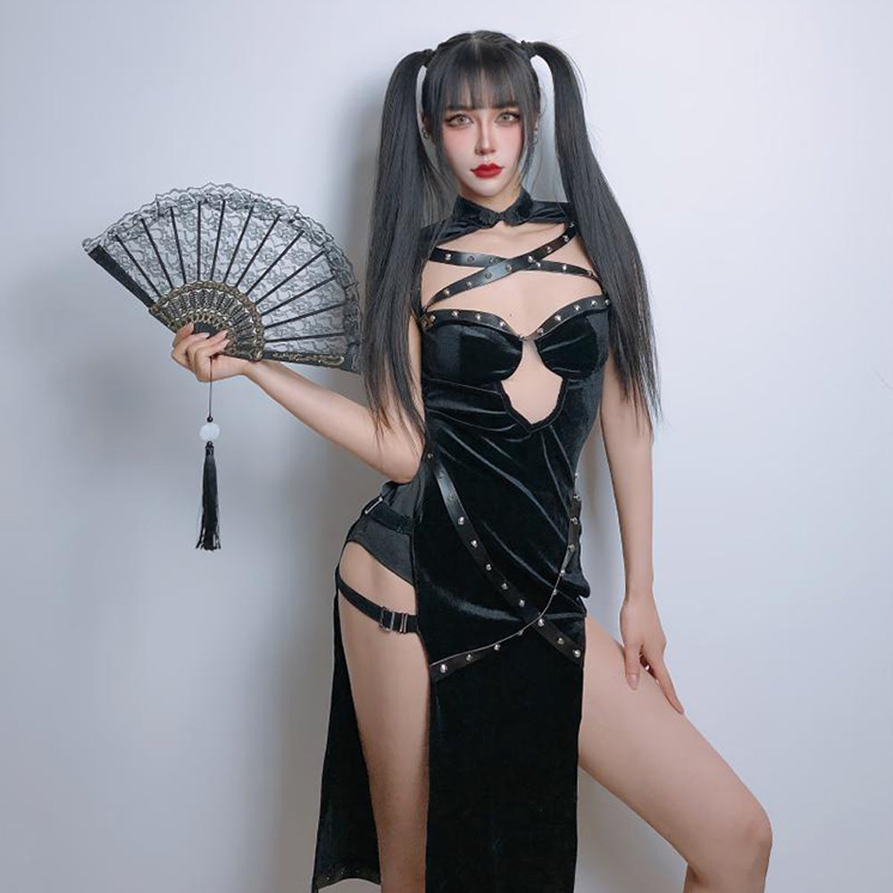 Black Punk Rivet Bondage Cosplay Dress