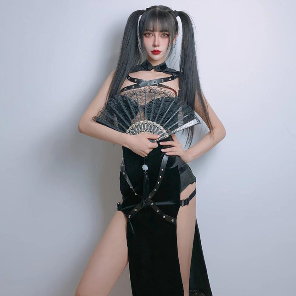 Black Punk Rivet Bondage Cosplay Dress
