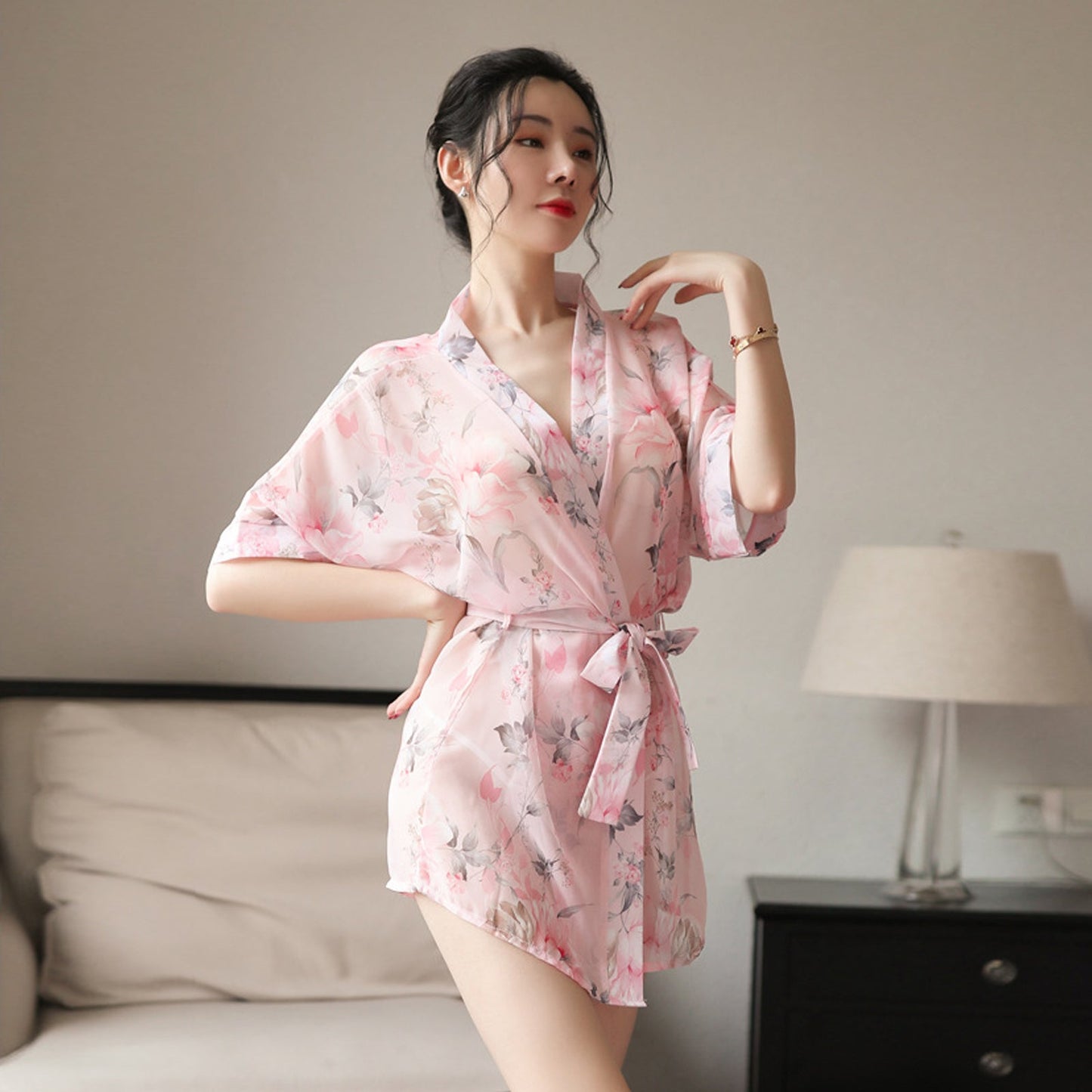 Floral Print Chiffon Lingerie Robe