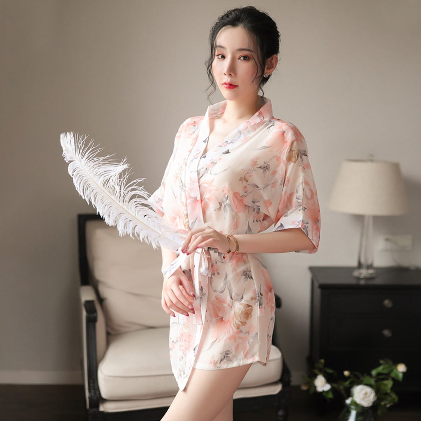 Floral Print Chiffon Lingerie Robe