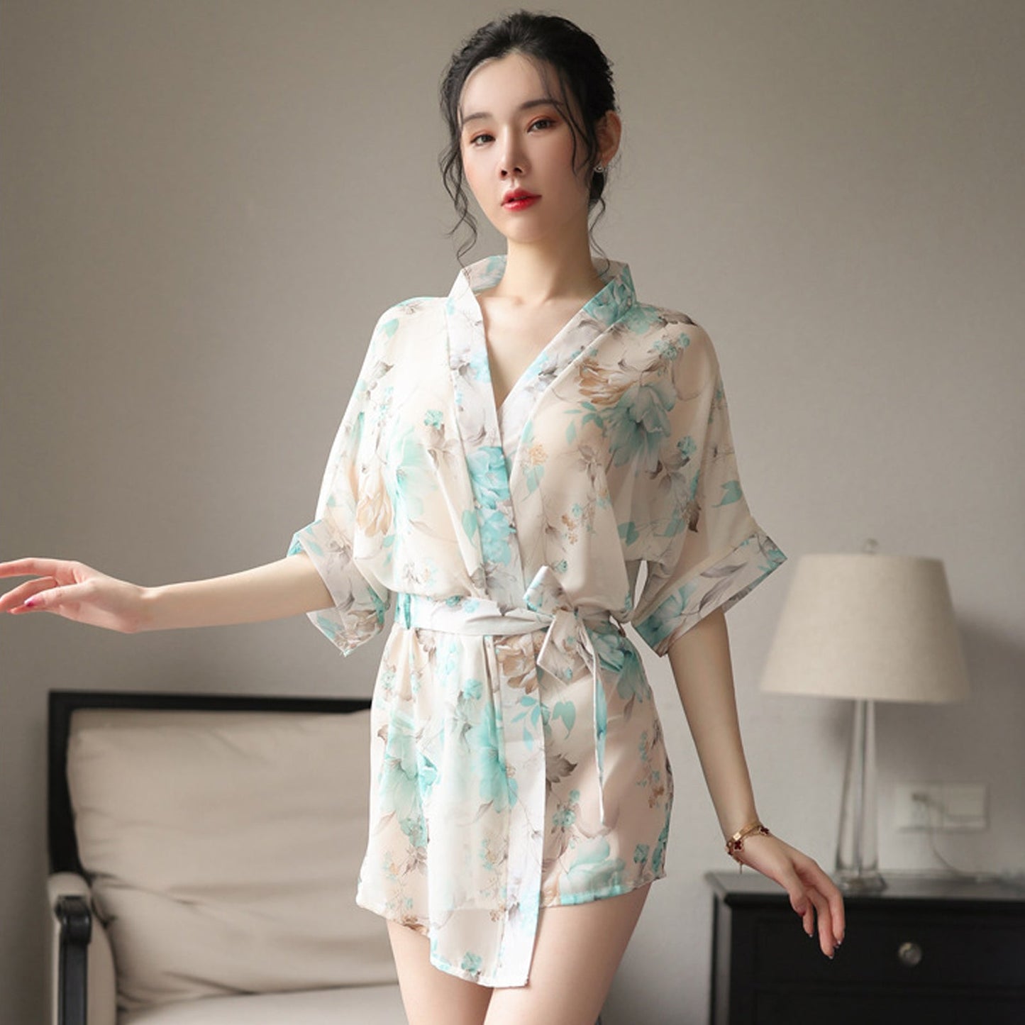 Floral Print Chiffon Lingerie Robe