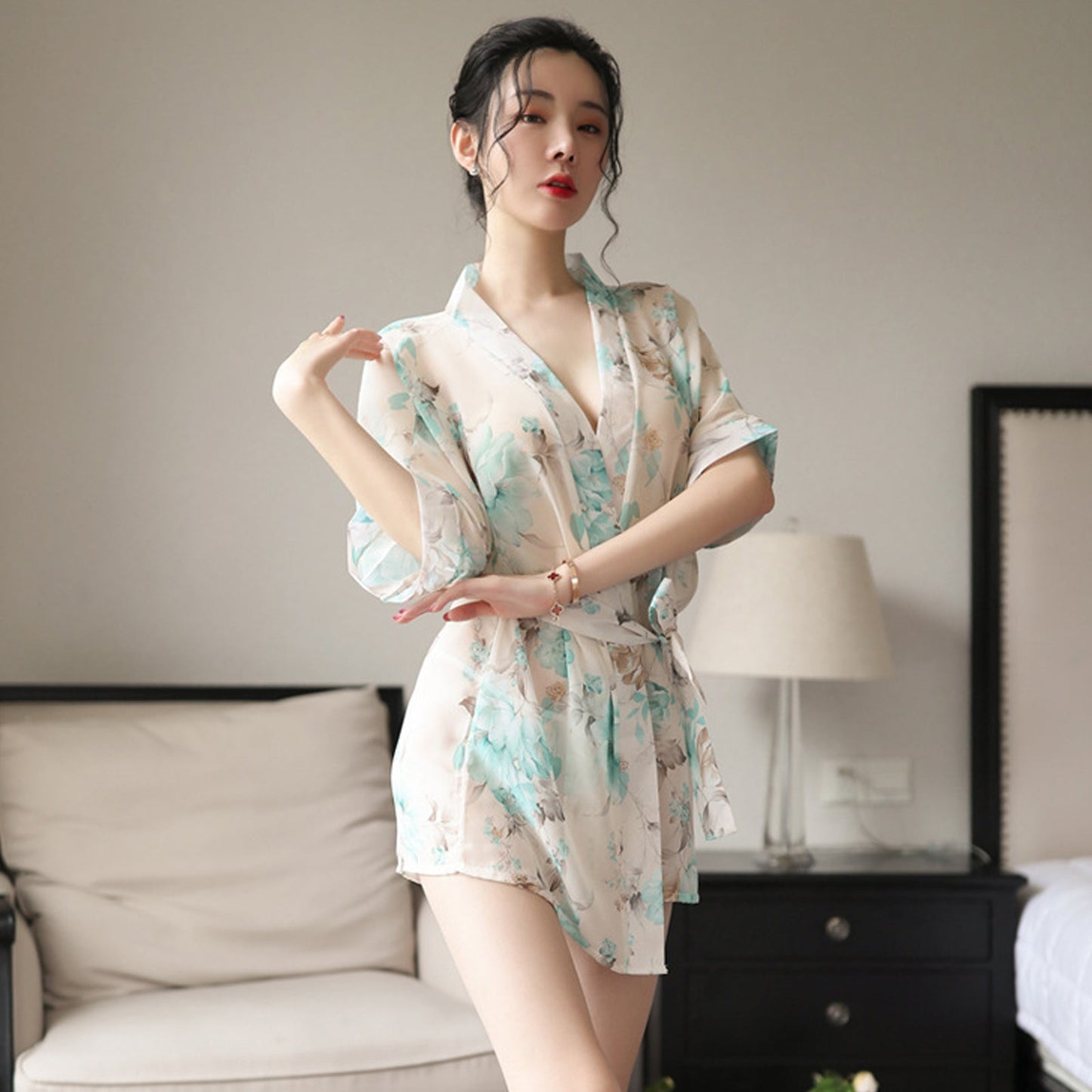 Floral Print Chiffon Lingerie Robe