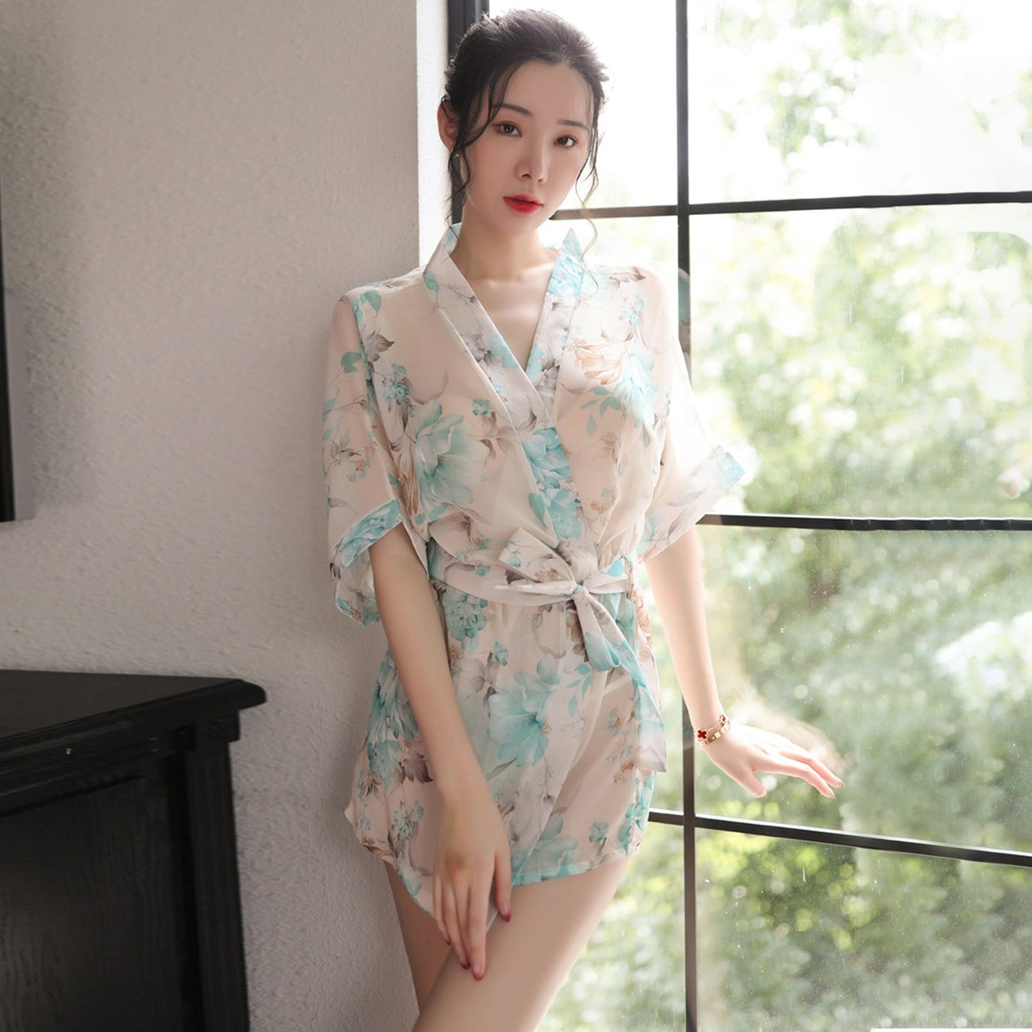 Floral Print Chiffon Lingerie Robe