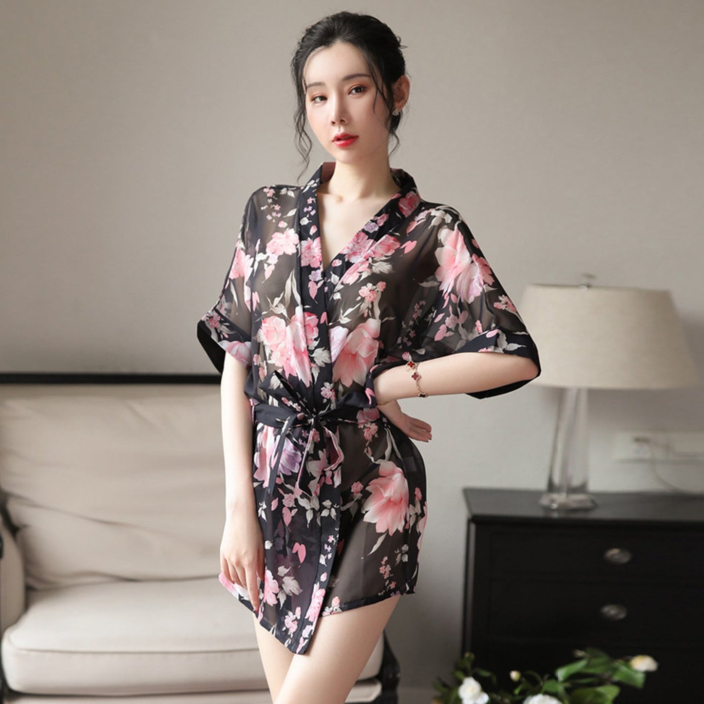 Floral Print Chiffon Lingerie Robe
