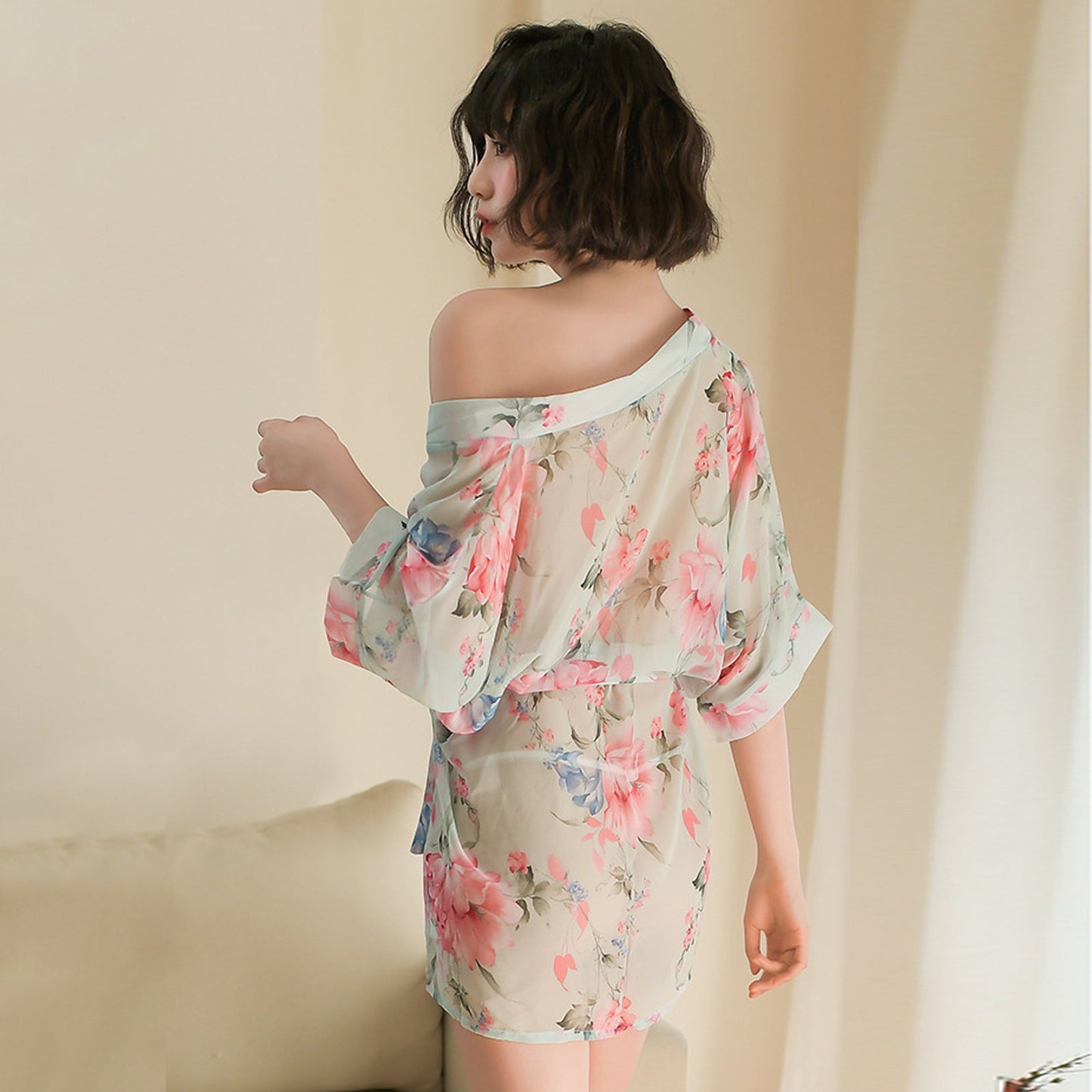 Floral Print Chiffon Lingerie Robe