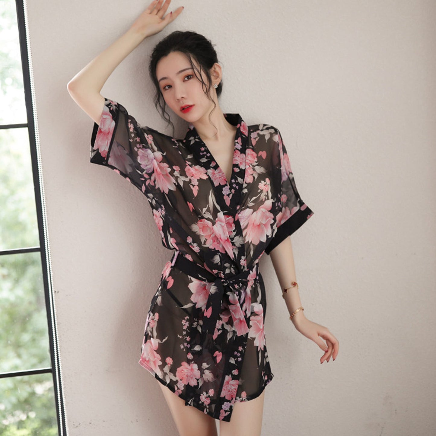 Floral Print Chiffon Lingerie Robe