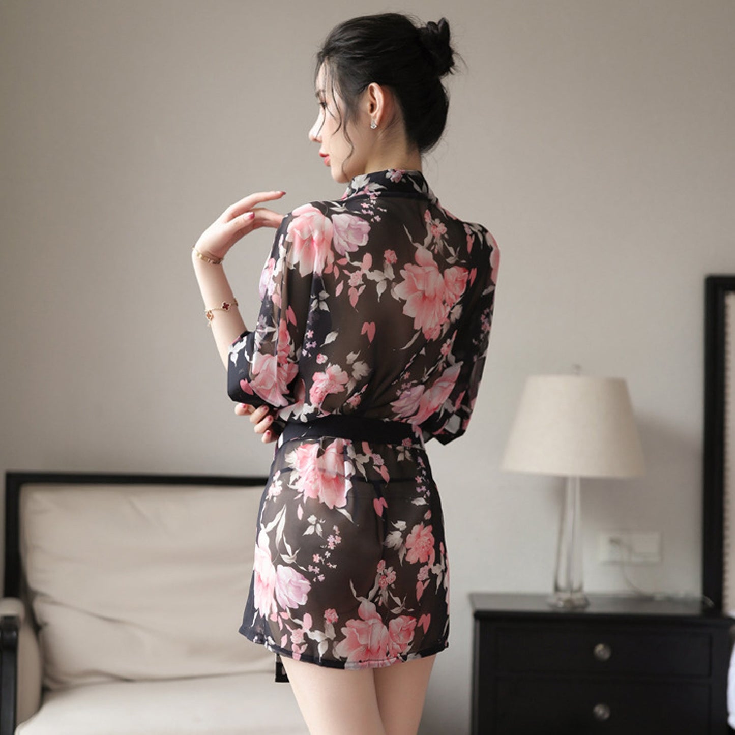 Floral Print Chiffon Lingerie Robe