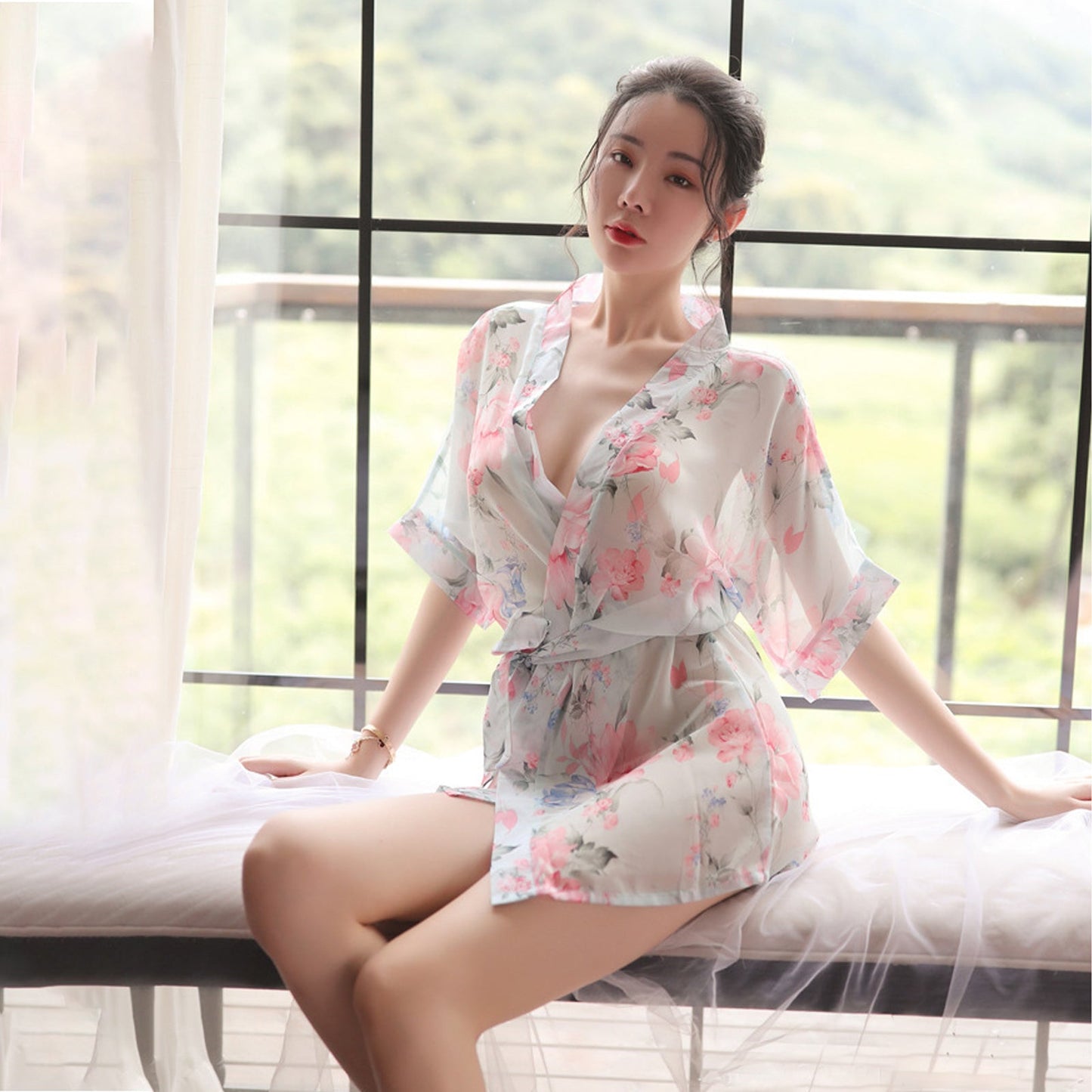Floral Print Chiffon Lingerie Robe